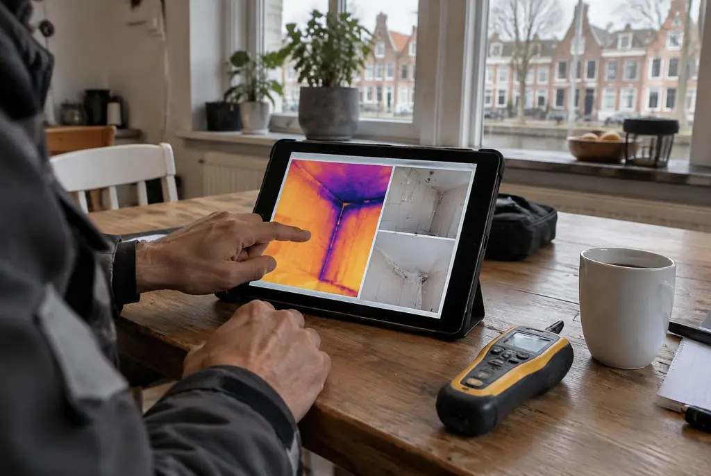Lekdetectie Zaandam – lekdetectierapport met warmtebeelden en foto's op een tablet