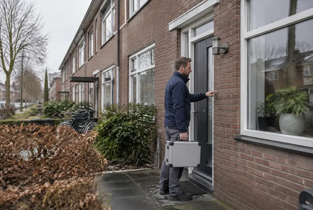 Lekdetectiespecialist met meetkoffer bij de voordeur van een woning in Zaandam